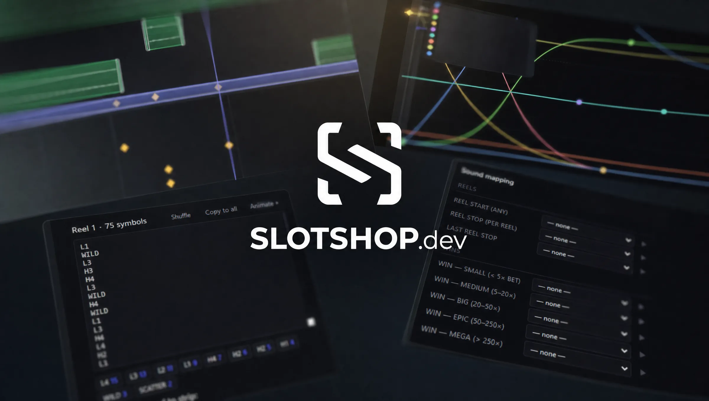 The SlotShop in-house animation engine, showing reel symbol mapping, keyframe curves, and sound mapping panels.