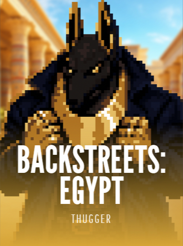 Backstreets: Egypt by THUGGER. Pixel art cover of a jackal-headed Anubis in a dark hood and gold collar, eyes glowing, stood in a sunlit temple colonnade.