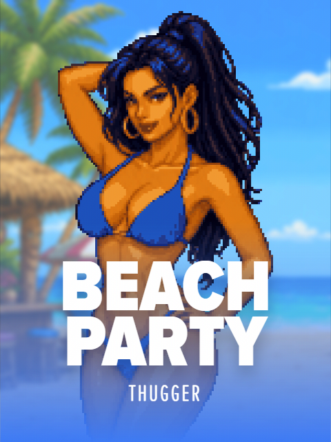 Beach Party by THUGGER. Pixel art cover of a woman with a long dark ponytail, gold hoop earrings and a blue bikini, posing by a thatched beach bar with palm trees and the sea behind her.
