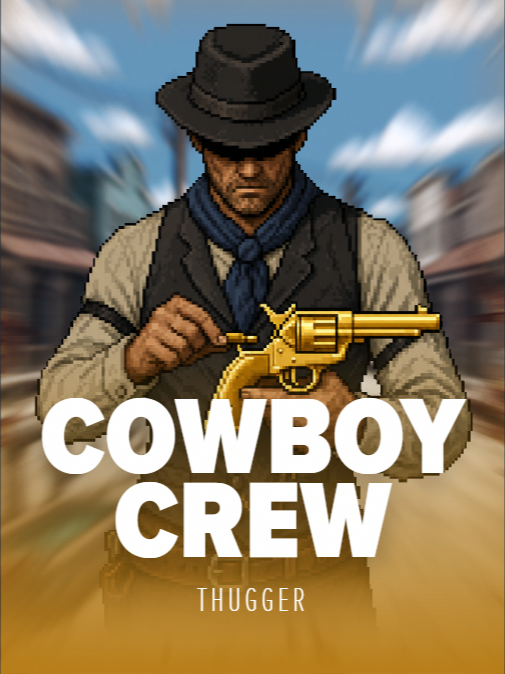 Cowboy Crew by THUGGER. Pixel art cover of a gunslinger in a black hat and neckerchief thumbing back the hammer of a gold revolver on a dusty frontier street.