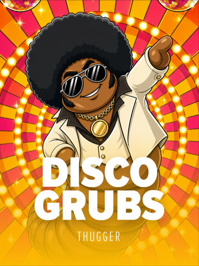 Disco Grubs by THUGGER. Cover art of an afro-haired dancer in shades and a white suit striking a pose under mirrorballs on a glowing orange dancefloor.