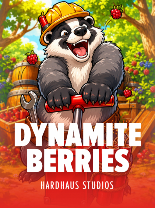 Dynamite Berries by Hardhaus Studios. Cover art of a grinning badger in a yellow hard hat gripping the handle of a red dynamite plunger, in a berry patch full of raspberries and barrels.