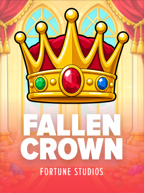 Fallen Crown by Fortune Studios. Cover art of a gold crown set with red, green and blue gems over a red velvet cap, in a palace hall with arched windows and red drapes.