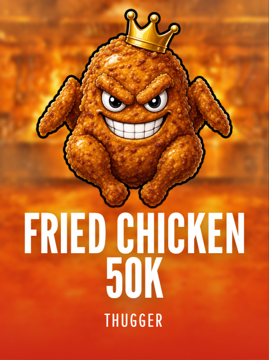 Fried Chicken 50K by THUGGER. Cover art of a crowned whole fried chicken with angry eyes and a wide toothy grin, wings spread against a glowing orange backdrop.