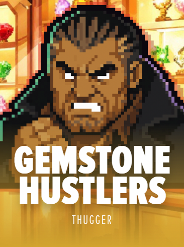Gemstone Hustlers by THUGGER. Pixel art cover of a scowling, broad-shouldered man in a hooded cloak stood in a gold-lit jewellery vault lined with gems and trophies.
