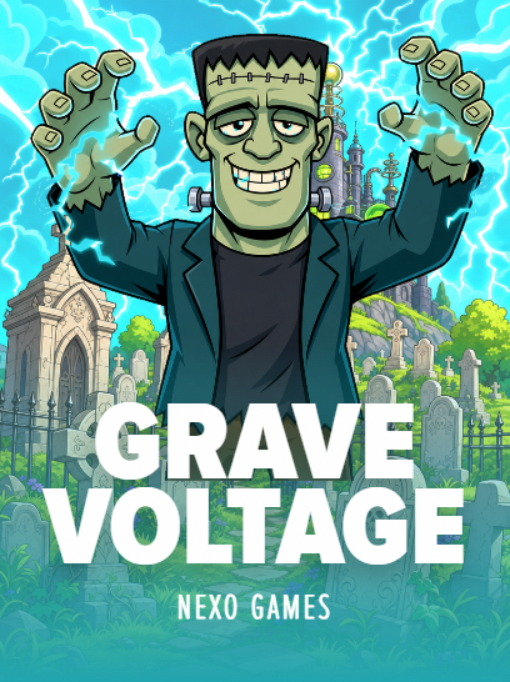Grave Voltage by NEXO GAMES. Cover art of a green stitched monster raising both arms as cyan lightning cracks over a hillside graveyard and a castle.