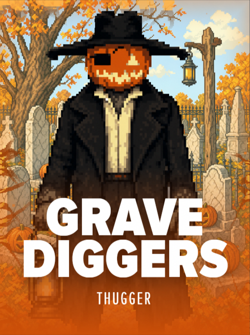 Gravediggers by THUGGER. Pixel art cover of a pumpkin-headed figure in a long black coat and wide-brimmed hat carrying a lantern, stood among headstones under autumn trees.