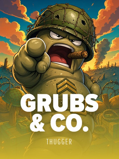 Grubs & Co. by THUGGER. Cover art of a scowling grub sergeant in a battered army helmet, chewing a cigar and pointing at the viewer across a trench battlefield at sunset.