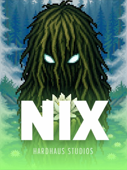 NIX by Hardhaus Studios. Pixel art cover of a moss-haired forest spirit with glowing white eyes, rising out of a lily-pad pond in a pine forest.