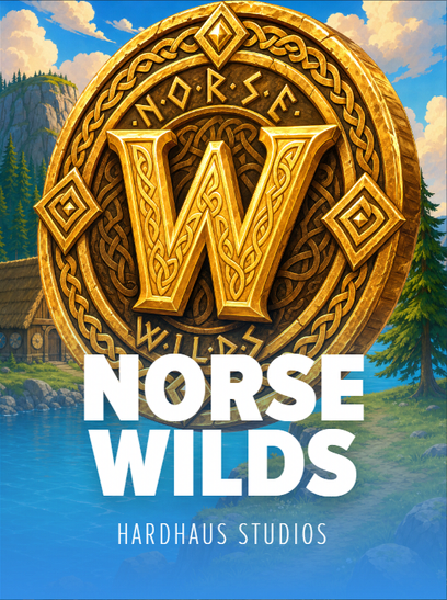 Norse Wilds by Hardhaus Studios. Cover art of a giant golden rune coin resting against a lakeside village under a bright blue sky.