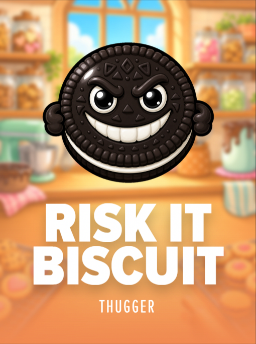 Risk It Biscuit by THUGGER. Cover art of a chocolate sandwich biscuit with narrowed eyes and a wide toothy grin, sat on a bakery counter lined with jars and cakes.