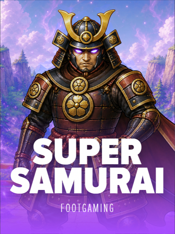 Super Samurai by FootGaming. Cover art of an armored samurai with glowing purple eyes before a misty mountain valley.