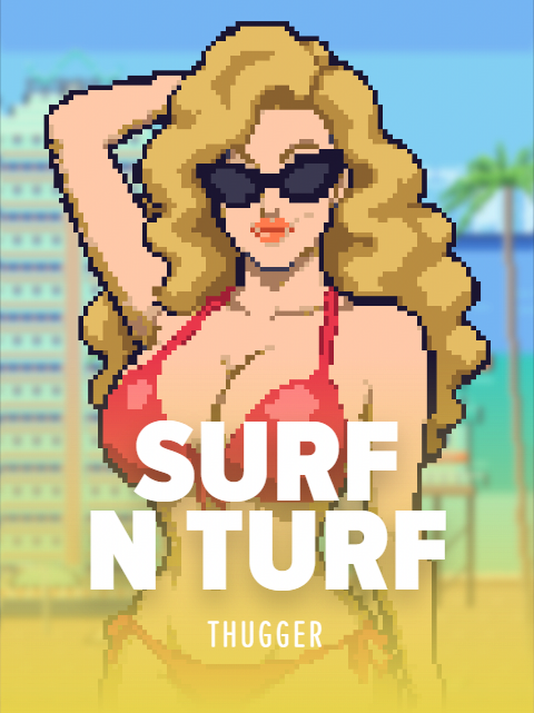 Surf N Turf by THUGGER. Pixel art cover of a woman with big blond curls, cat-eye sunglasses and a red bikini, one arm raised behind her head, in front of a beachfront hotel and palm trees.